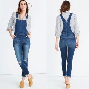 Madewell dark wash roadtripper distressed denim overalls frayed hem size M